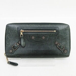 BALENCIAGA Giant Round Zip Long Wallet Khaki Green Leather